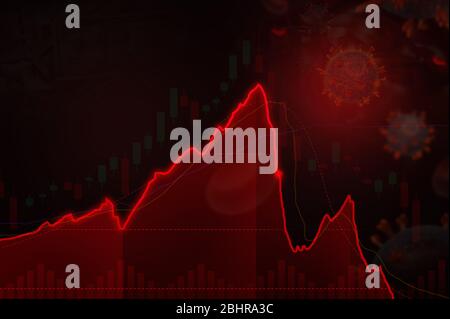 Abstrakter Finanzchart mit Abwärtstrend-Liniendiagramm am Aktienmarkt auf einem roten und blauen Leuchter. Stockfoto