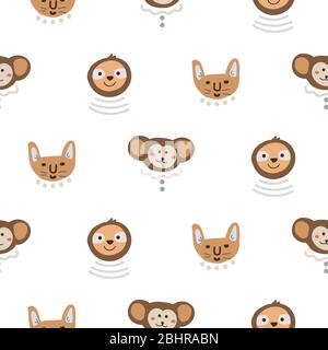 Tier Köpfe Spaß niedlich nahtlose Muster Vektor. Kindliche Cartoon Hintergrund mit Affe, Koala und Faultier. Stock Vektor