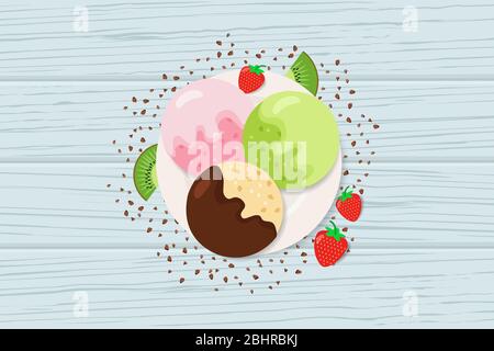 Eis-Set mit Früchten auf dem Teller. Vektorgrafik. Stockfoto