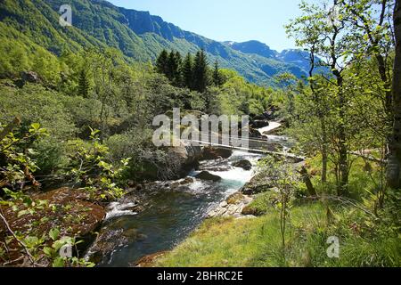 Holzbrücke über den Fluss und schöne Landschaft entlang der Bergwanderung zum See Myrdalsvatnet & Bondhus See, in der Nähe von Rosendal, Folgefonna National Pa Stockfoto