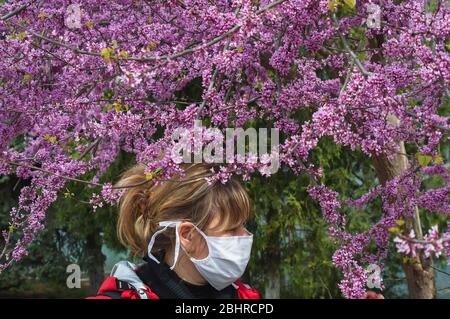 Junge rothaarige Mädchen, in einer roten Jacke in einer medizinischen Maske steht in der Nähe einer blühenden Flieder Sakura im Park. Stockfoto