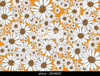 Muster aus Gänseblümchen, Stirn, Heimtextilien, Tapeten und verschiedenen Hintergründen. Handgezeichnetes Blumenmuster. Orangefarbener Hintergrund. Stockfoto