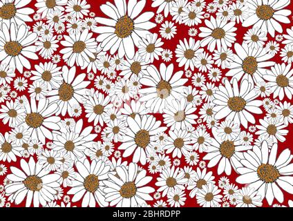 Muster aus Gänseblümchen, Stirn, Heimtextilien, Tapeten und verschiedenen Hintergründen. Handgezeichnetes Blumenmuster. Roter Hintergrund. Stockfoto