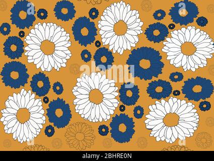 Muster mit weißen und blauen Gänseblümchen auf orangefarbenem Hintergrund. Handgezeichnetes Blumenmuster. Perfekt für Textilien, Webseiten, Tapeten. Stockfoto