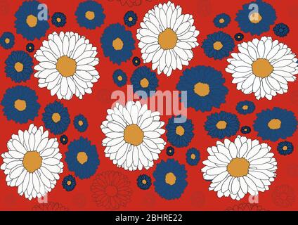 Blumenmuster mit weißen und blauen Gänseblümchen auf rotem Hintergrund.perfekt für Textilien, Webseiten, Tapeten. Stockfoto