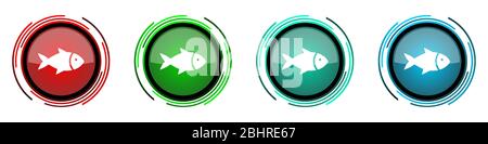 Fisch rund glänzende Vektor-Icons, Meer, Tier, Meeresfrüchte, Natur, Lebensmittel-Set von Tasten für webdesign, Internet und Handy-Anwendungen in vier Farben Stock Vektor