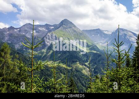 Tiroler Landschaft mit Bergen oberhalb von Hintertux im Hintergrund Stockfoto