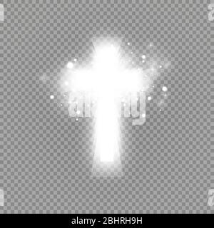 Leuchtend weissen Kreuz und Sonnenlicht besondere lens flare Lichteffekt auf transparenten Hintergrund. Glühende Hl. Kreuz. Vector Illustration Stock Vektor