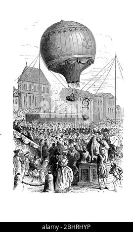 Der erste Wasserstoffballonflug im Jahr 1783 der Brüder Jacques und Robert Charles mit Charliere, gestartet vom Champ de Mars in Paris Stockfoto