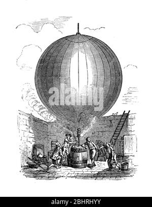 Tanken mit Gas der erste Wasserstoffballon der Brüder Jacques und Robert Charles im Jahr 1783 Stockfoto