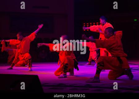 Shaolin, Luoyang, Provinz Henan / China - 4. Januar 2016: Demonstration des Shaolin Kung Fu durch junge Lehrlinge im Shaolin Tempel in Luoyang, China Stockfoto