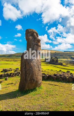 Vertikale Moai Statue mit Ahu Tongariki im Hintergrund, Rapa Nui (Osterinsel), Chile. Stockfoto