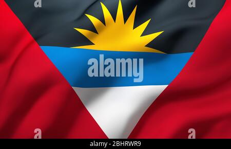 Flagge von Antigua und Barbuda weht im Wind. Ganze Seite Antiguanische Flagge. 3D-Darstellung. Stockfoto