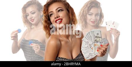Dreifaches Bild von Ingwer Dame in stilvollem Kleid. Sie lächelt, hält Bargeld, Asse und Chips, posiert isoliert auf Weiß. Collage, Poker, Casino. Nahaufnahme Stockfoto