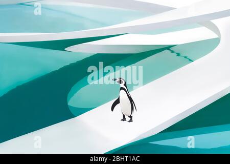 Aquarell-Stil Illustration eines Pinguins in einem Pool, basierend auf dem berühmten Lubetkin-Design im London Zoo Stockfoto