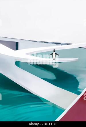 Aquarell-Illustration eines Pinguins in einem Pool, basierend auf dem berühmten Lubetkin-Design im Londoner Zoo Stockfoto