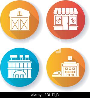 Gebäude flaches Design lange Schatten Glyphen Symbole gesetzt Stock Vektor