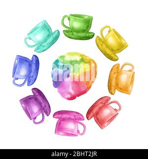 Aquarell Regenbogen Rahmen mit Tassen. Handgezeichnete Illustration. Abstraktes Aquarell Regenbogen Verlauf Hintergrund. Stockfoto