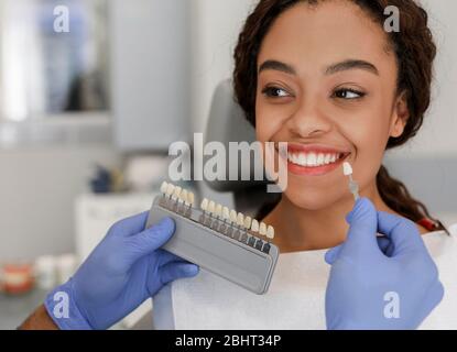 Zahnarzt Anwendung Probe von Zahnskala auf die Zähne des Patienten Stockfoto