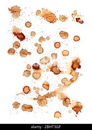 Kaffeeflecken auf weißem Hintergrund isoliert. Markierungen für Kaffeetassen. Stockfoto