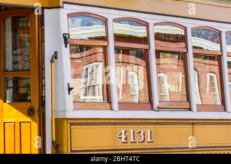 Ein Trolley-Auto im Lowell National Park, Lowell, Massachusetts Stockfoto