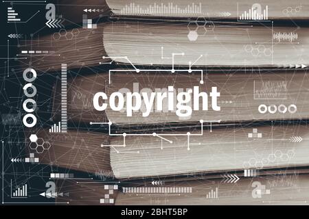 Abstraktes Copyright Konzept Grafik auf Bücher Hintergrund. Nahaufnahme. Stockfoto