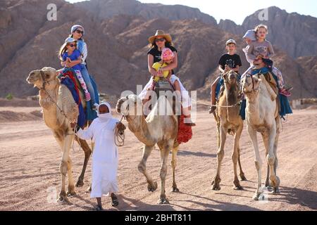 Sharm El Sheikh, Ägypten - 18. März 2020: Kamelreittouristen in der Wüste Ägyptens. Stockfoto