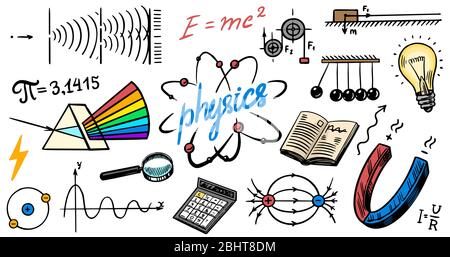 Physik- oder Bildungskonzept. Symbole und Formeln festgelegt. Atom-Atomexperimente. Spektrum. Schultest oder Labor. Handgezeichnete Doodle-Symbole. Spektrum Stock Vektor
