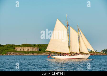 Historisches Segelboot, das von Touristen für Segeltouren in der Bucht von Portland, Maine, benutzt wird Stockfoto