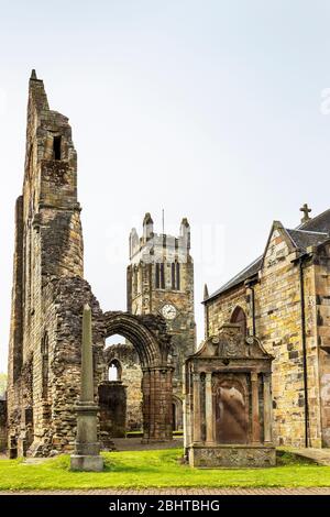 Abbey Tower und Teil des südlichen Querschiffs des Tironensian Benediktinerklosters, Kilwinning, Ayrshire, Schottland, Großbritannien. Die Abtei aus dem Stockfoto