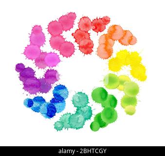 Runder Rahmen aus Aquarell Regenbogen Blobs, bunte Farbe Tropfen Textur. Bunte Aquarell Spritzer isoliert auf weißem Hintergrund Stockfoto