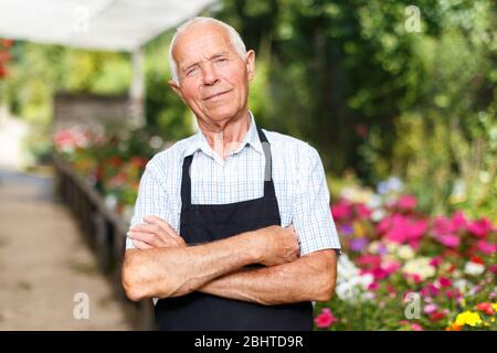 Portrait von älterer Mann seine Lieblingsbeschäftigung von Blumen im Gewächshaus Anbau genießen. Stockfoto