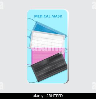 Chirurgische bunte Masken auf dem Smartphone-Bildschirm. Heath Care Anti-Pandemie Illustration. Medizinische Schutzmasken für Ärzte Stock Vektor