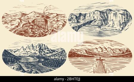 Berglandschaft Hintergründe gesetzt. Alpengipfel und Reisende mit Zelt. Mount Im Vintage-Stil. Reisekonzept. Handgezeichnete gravierte Skizze für den Außenbereich Stock Vektor