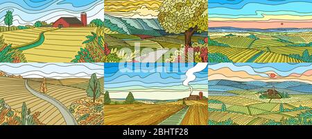 Ländliche Berglandschaften. Felder für Farm festgelegt. Landwirtschaft und Weinberg. Grüner Hügel und Wiese, Land Hintergrund für Banner oder Web. Vektorgrafik Stock Vektor