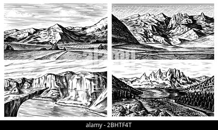 Berglandschaft Hintergründe gesetzt. Alpengipfel und Wald. Mount Im Vintage-Stil. Reisekonzept. Handgezeichnete gravierte Skizze für Outdoor-Poster, Klettern Stock Vektor