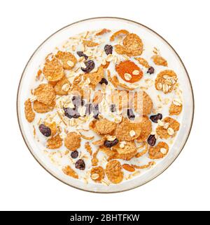 Müsli mit trockenen Früchten. Draufsicht. Gesundes Frühstückskonzept Stockfoto