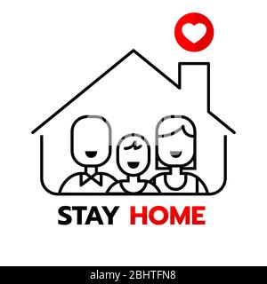 Bleiben Sie zu Hause, um das Coronavirus 2019-NCoV zu Quarantäne zu stellen. Süße Haus und süße Familie Linie Illustration. Stock Vektor