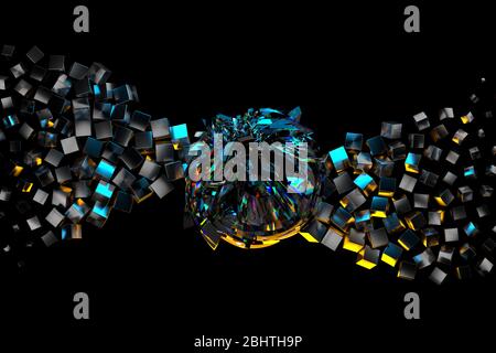 Abstrakte Komposition mit fliegenden Metallkisten und polygonalen Kugeln, in Form einer Welle auf schwarzem Hintergrund. 3d-Illustration Stockfoto