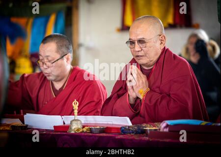 Atsagatsky Datsan Tempel, Ulan Ude, Sibirien, Russland - 09. März 2020 : Buddhistische Mönche lesen Mantras in Dzogchen Duga. Buddhistische Mönche beten Stockfoto