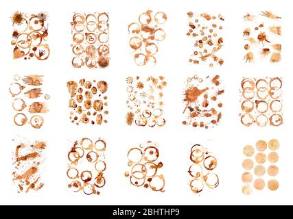 Kaffeeflecken, Spritzer auf weißem Hintergrund isoliert. Kaffeetasse Ringe isoliert. Stockfoto