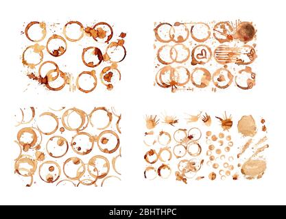Kaffeeflecken, Spritzer auf weißem Hintergrund isoliert. Kaffeetasse Ringe isoliert. Stockfoto