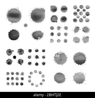 Tintenset mit isolierten schwarzen Flecken. Satz von abstrakten Aquarell Blot. Wasserfarbe schwarz Spritzer Stockfoto