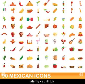 90 mexikanische Symbole gesetzt. Cartoon-Illustration von 90 mexikanischen Icons Vektor-Set isoliert auf weißem Hintergrund Stock Vektor