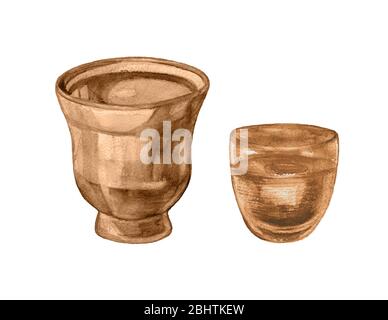Set aus Kaffee, Teetassen im Retro-Stil. Kaffee Aquarell Kollektion. Aquarell auf weißem Hintergrund. Stockfoto
