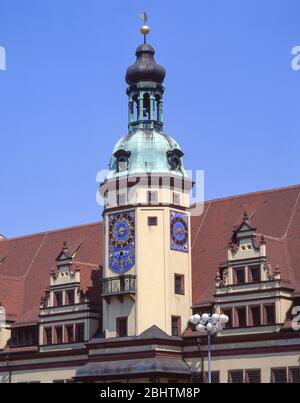 Uhrturm, Altes Rathaus, Markt, Leipzig, Sachsen, Bundesrepublik Deutschland Stockfoto