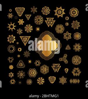 Dekoratives Spitzenmuster für Hochzeitseinladungen und Grußkarten. Rundes Muster in Vintage Gold gesetzt. Vintage Gold Hintergrund. Ziergoldkreis Fr. Stockfoto