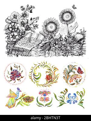 Ukrainische nationale Motive. Handgezeichnete Illustration im ukrainischen Volksstil. Stockfoto