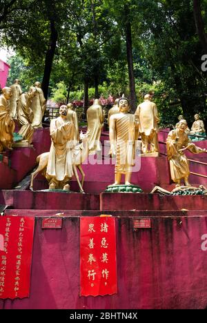 Gruppe von goldenen Statuen, umgeben von Dschungel und roten und rosa Wänden - Tempel in der Nähe von Hongkong Stockfoto