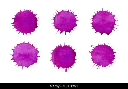 Bunte lila Set isoliert Aquarell Farbflecken. Bunte Vorlage für Design. Sammlung von handbemalten magenta Spritzer Stockfoto